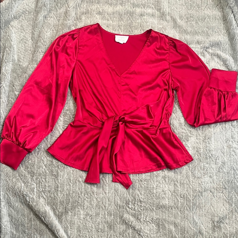 Women's Satin Wrap Blouse with Tie Waist in Bright Red